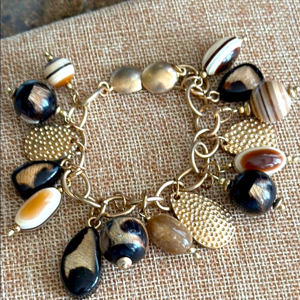 Gold and Brown lucite and wooden Charm Bracelet magnetic clasp charm bracelet